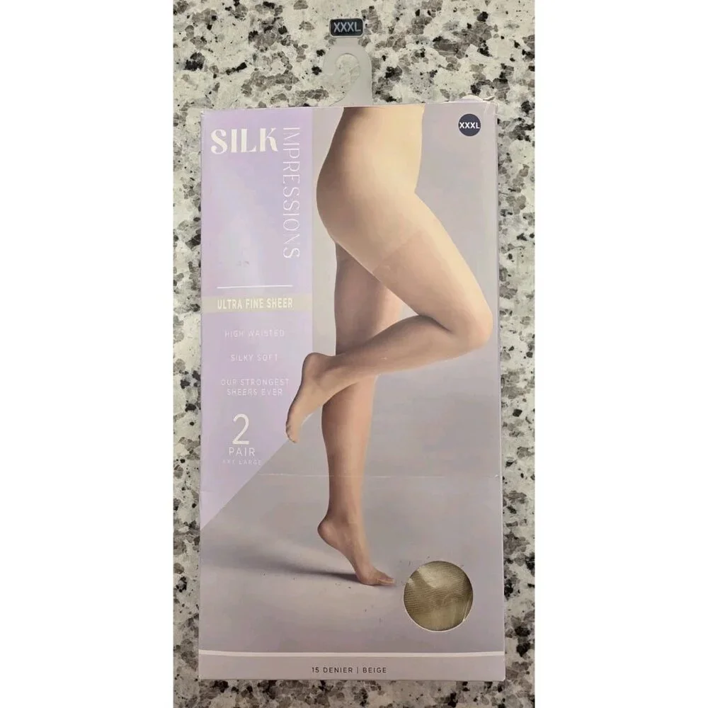 Silk Impressions XXXL 2 Pair 15 Denier Beige Sheer‎ High Waist Pantyhose